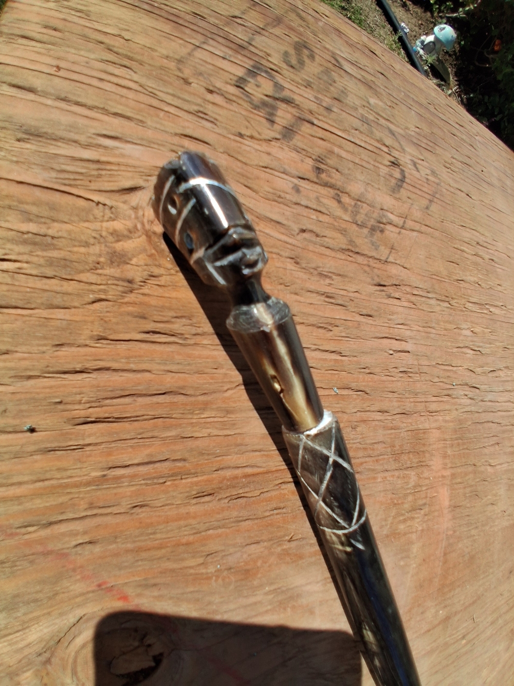 Carved​22” VTG African Hand Ca Metal Walking Cane Handle in Polished Silver Tone